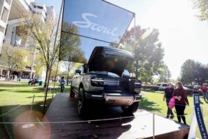 Standing beside the new Traveler SUV by Scout Motors, George Workman and Jessica Bayer capture a moment at Williams-Brice Stadium prior to USC’s game against Missouri on Saturday, November 16, 2024. (Tracy Glantz)