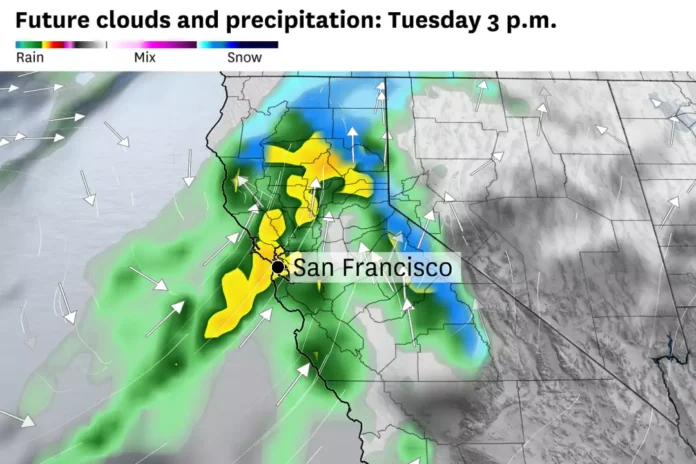 Un front froid attendu sur la Bay Area mardi pourrait apporter jusqu'à 4 pouces de pluie en 24 heures à San Francisco et Oakland.