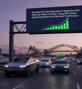 Australian EV sales rebounded in November 2025, driven by Tesla’s comeback, strong BYD results, and the impressive rise of the Zeekr 7X entering the top 3.