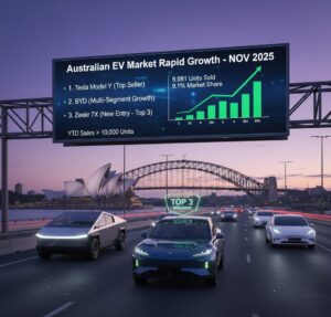 Australian EV sales rebounded in November 2025, driven by Tesla’s comeback, strong BYD results, and the impressive rise of the Zeekr 7X entering the top 3.