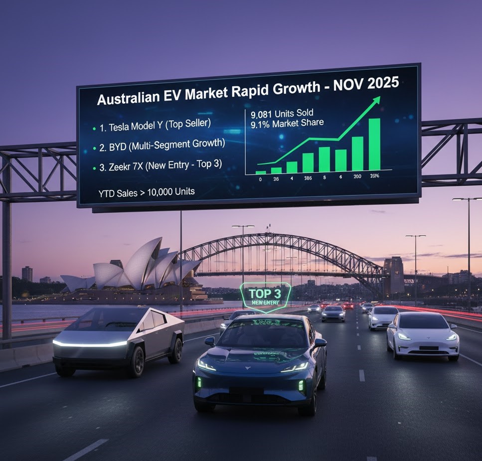 Australian EV sales rebounded in November 2025, driven by Tesla’s comeback, strong BYD results, and the impressive rise of the Zeekr 7X entering the top 3.